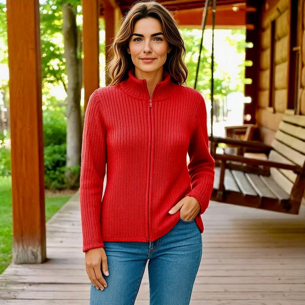 Eddie Bauer Zip Close Orange Cardigan Ribbed Sweater NEW